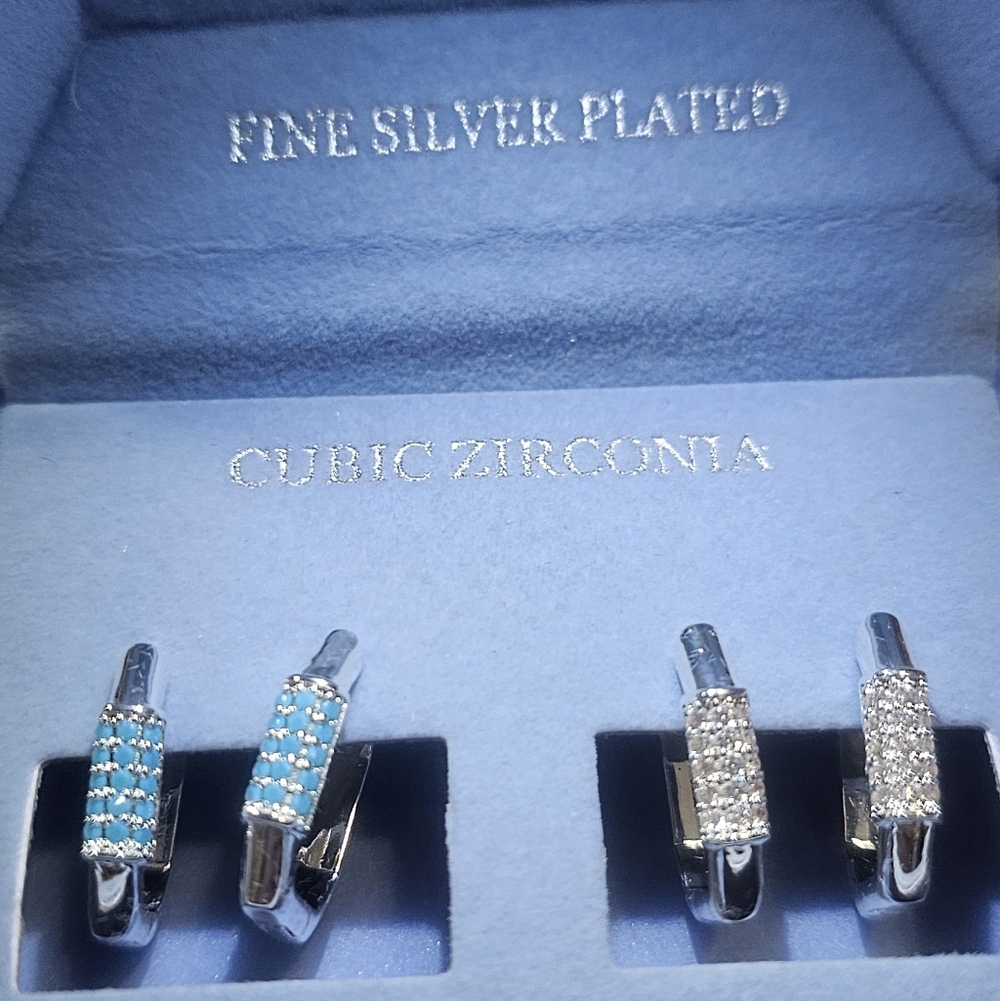 DANECRAFT Fine Silver Plated Cubic Zirconia Huggie Hoop Earrings 2 Sets‎ New